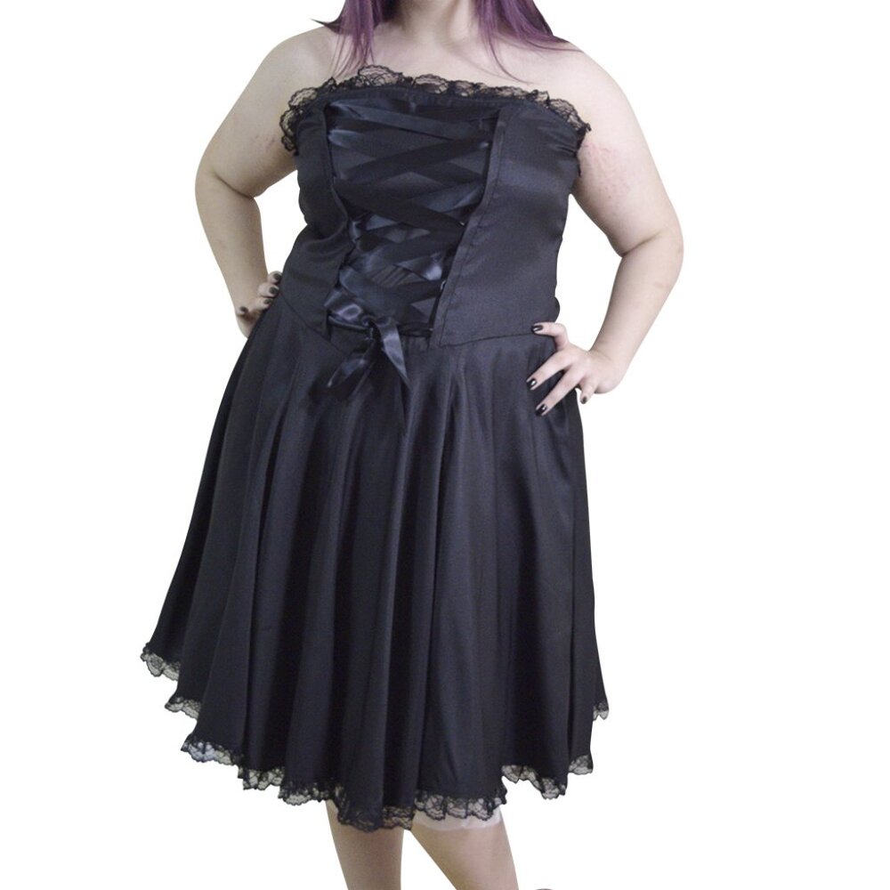 Black Satin Corset Dress – Plus Size Gothic Lace-Up Party Dress, Wedding Party